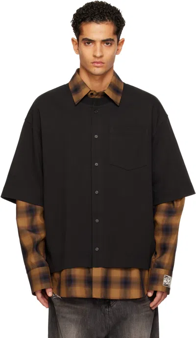 WE11 DONE BLACK & ORANGE FLANNEL CHECK LAYERED SHIRT