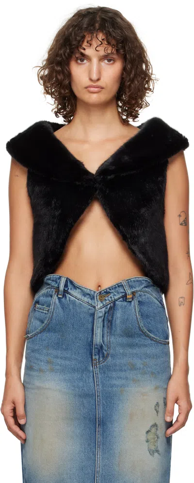 WE11 DONE BLACK CROPPED FAUX-FUR VEST