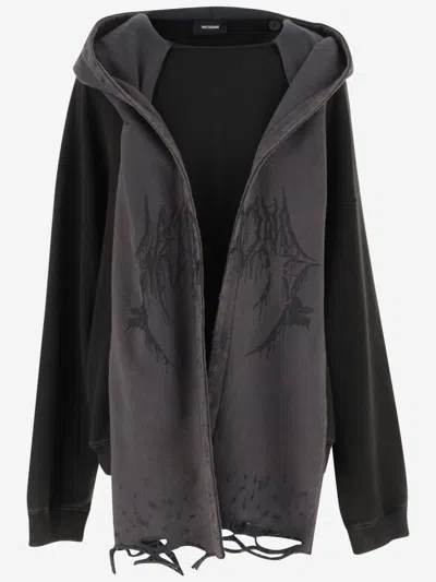 WE11 DONE BLACK DISTRESSED-EFFECT HOODIE