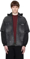 We11 Done Black Faded Layered Hoodie Denim Jacket In Black