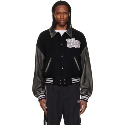 We11 Done Black Faux-leather Varsity Jacket