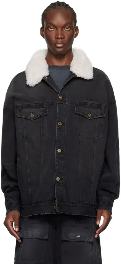 We11 Done Black Fur Detail Oversized Denim Jacket