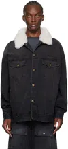 We11 Done Black Fur Detail Oversized Denim Jacket In Black