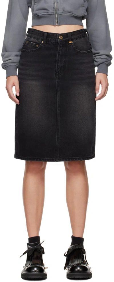 We11 Done Black Washed Denim Midi Skirt