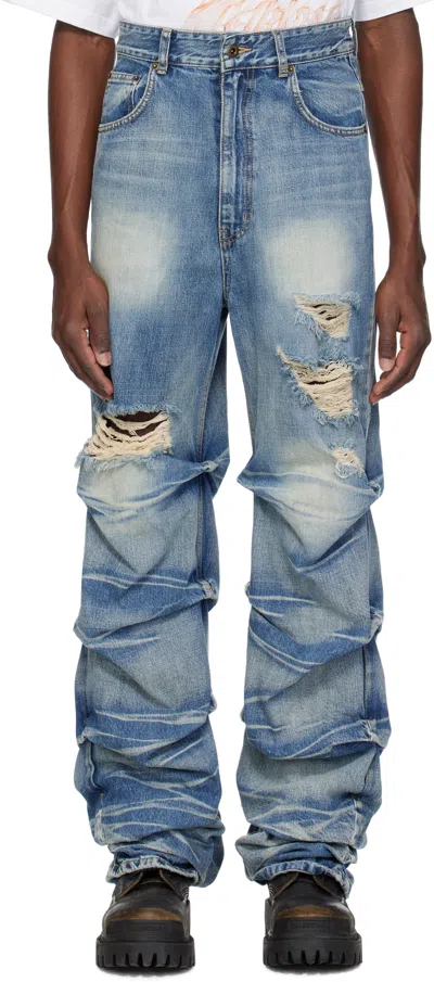 WE11 DONE BLUE WRINKLED STRAIGHT JEANS