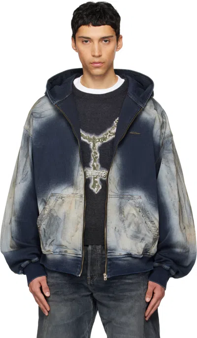 We11 Done Blue Zip-up Dirty Denim Jacket In Multi