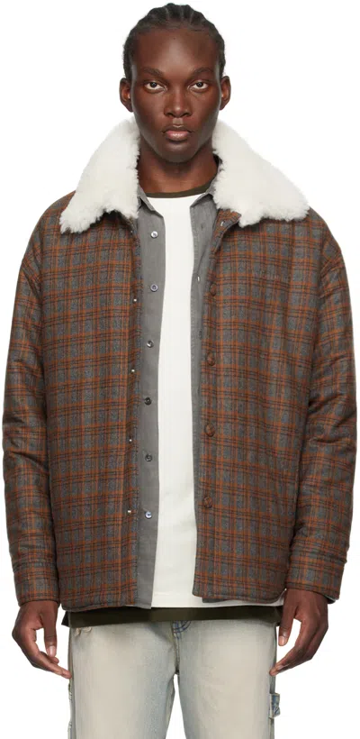WE11 DONE BROWN CHECK INSULATED FAUX-SHEARLING JACKET