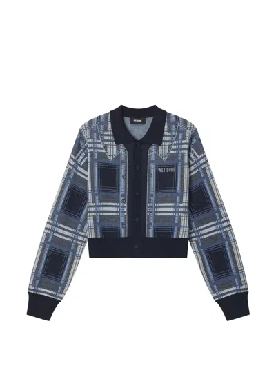 We11 Done Check-pattern Logo-patch Cardigan In Blue