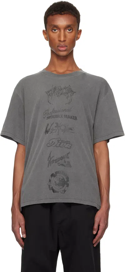 We11 Done Gray Multi Logo T-shirt In Charcoal