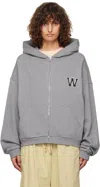 WE11 DONE GRAY PEARL LOGO ZIP-UP HOODIE