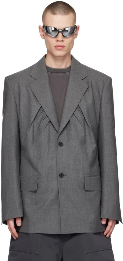 We11 Done Gray Shirring Single-breasted Blazer In Dark Grey