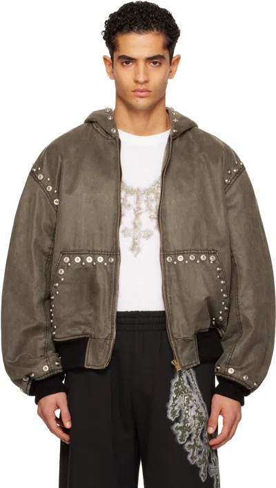 We11 Done Gray Studded Hooded Bomber Jacket In Brown