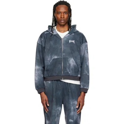 We11 Done Gray Trompe L'oeil Denim Printed Zip-up Hoodie In Blue