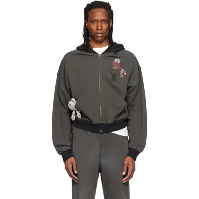 We11 Done Gray Washed Doodle Teddy Zip-up Hoodie