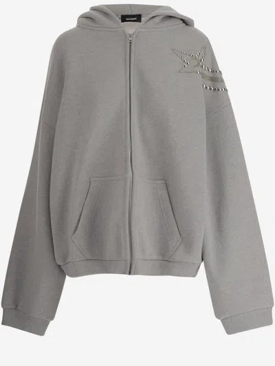 WE11 DONE GREY EMBELLISHED ZIP UP HOODIE