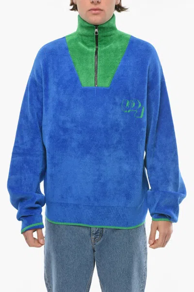 We11 Done Half Zip Velour Sweatshirt In Blue