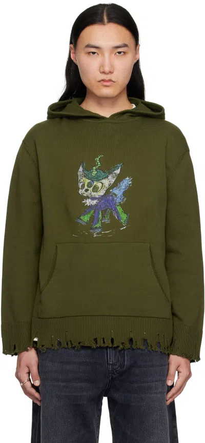 We11 Done Khaki Grunge Monster Pony Knit Hoodie
