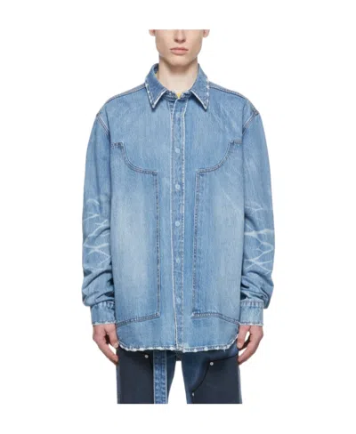 We11 Done Lapel Spliced Denim Shirt In Blue