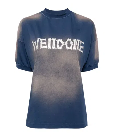 We11 Done Logo-print Bleached-effect T-shirt In Blue