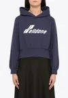 We11 Done Solid Color Cropped Hoodie With Printed Logo In Blue
