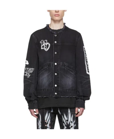 We11 Done Logo Round-neck Denim Coat In Black