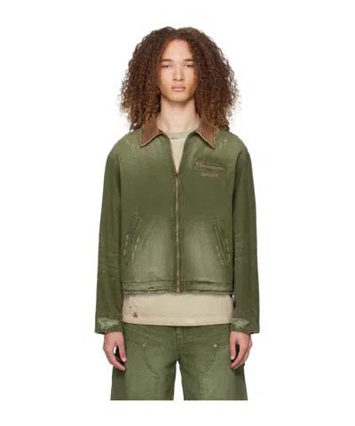 We11 Done Logo Zipper Denim Coat In Green