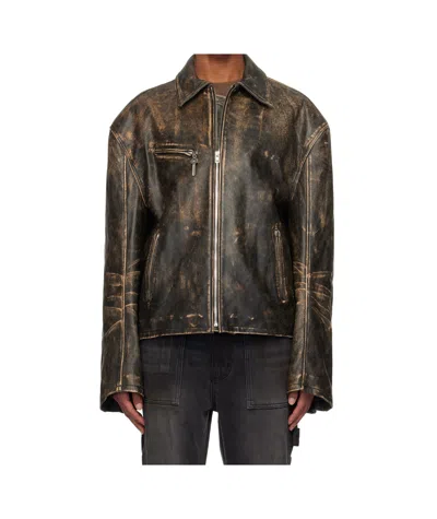 We11 Done Brown Vintage Effect Leather Biker Jacket In Black