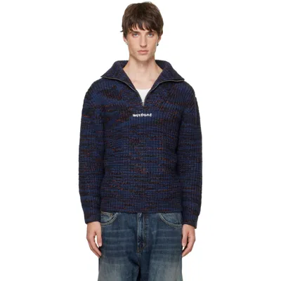 We11 Done Navy Chunky Embroidered Quarter-zip Sweater In Animal Print