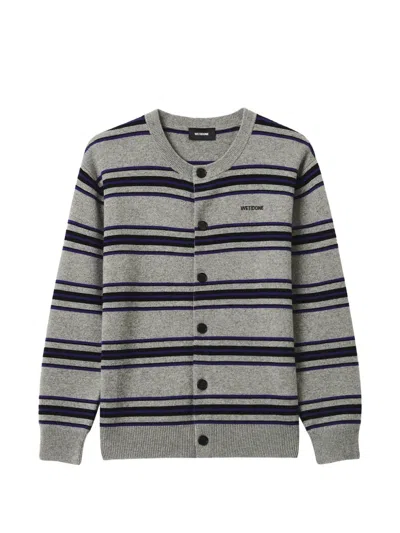 We11 Done Striped Logo-embroidered Cardigan In Gray