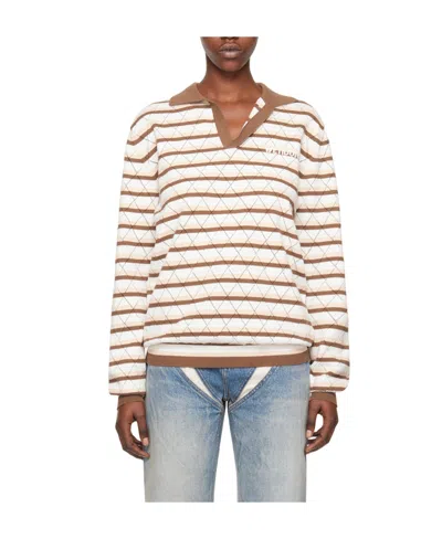 We11 Done Striped Long-sleeved Polo Shirt In White