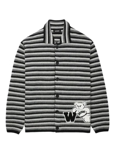 We11 Done Striped Teddy-applique Cardigan In Black