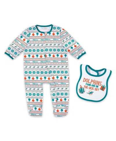 Wear By Erin Andrews Kids' 2-piece Baby Boys And Girls Miami Dolphins Allover Print Full-zip Sleeper Bib Set In Blue