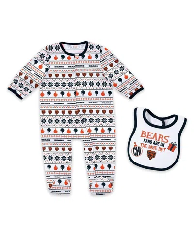 Wear By Erin Andrews Kids' Baby Boys And Girls 2-piece Chicago Bears Allover Print Full-zip Sleeper Bib Set In White