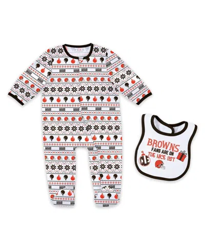 Wear By Erin Andrews Kids' Baby Boys And Girls Cleveland Browns Allover Print Full-zip Sleeper Bib Set In White