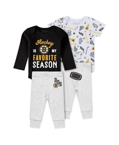 Wear By Erin Andrews Kids' Baby Boys And Girls 3-piece Boston Bruins Turn Me Around Bodysuits Pants Set In Black