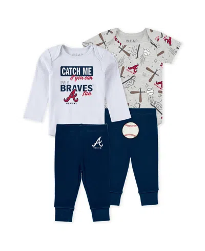 Wear By Erin Andrews Baby Boys And Girls 3-piece Heather Gray/white/navy Atlanta Braves Turn Me Around Bodysuits And Pant In Blue