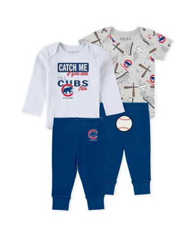 Wear By Erin Andrews Kids' Baby Boys And Girls 3-piece Heather Gray/white/royal Chicago Cubs Three-piece Turn Me Around Bodysui In Blue