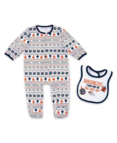 Wear By Erin Andrews Kids' Baby Boys And Girls Denver Broncos Allover Print Full-zip Sleeper With Bib Set In White