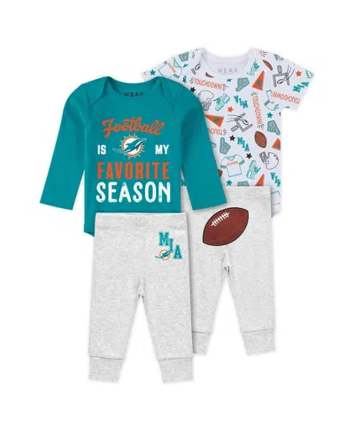 Wear By Erin Andrews Kids' Baby Boys And Girls Miami Dolphins Three-piece Turn Me Around Bodysuits Pant Set In Aqua,heather Gray