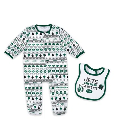 Wear By Erin Andrews Kids' Baby Boys And Girls New York Jets Allover Print Full-zip Sleeper Bib Set In Green