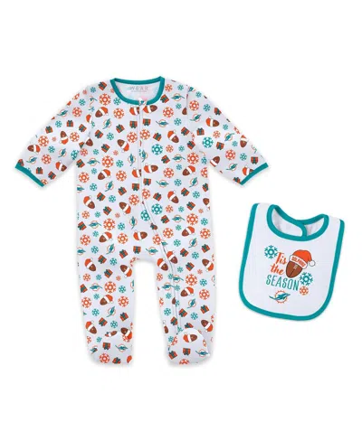 Wear By Erin Andrews Baby Boys And Girls Newborn 2-piece Miami Dolphins Holiday Full-zip Sleeper And Bib Set In Blue