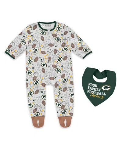 Wear By Erin Andrews Baby Boys And Girls Newborn Green Bay Packers Sleep And Play Full-zip Sleeper Bib Set In Gray