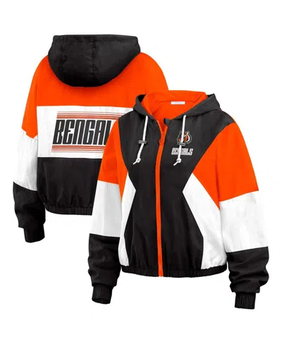 Wear By Erin Andrews Black Cincinnati Bengals Color Block Full-zip Windbreaker Jacket In Black,orange