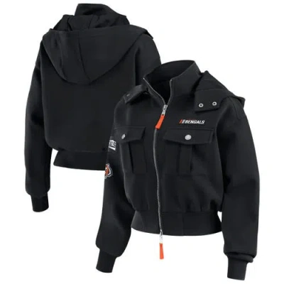 Wear By Erin Andrews Black Cincinnati Bengals Patch Pocket Cropped Full-zip Bomber Jacket