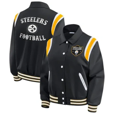 Wear By Erin Andrews Black Pittsburgh Steelers Varsity Lightweight Full-snap Jacket In Multi