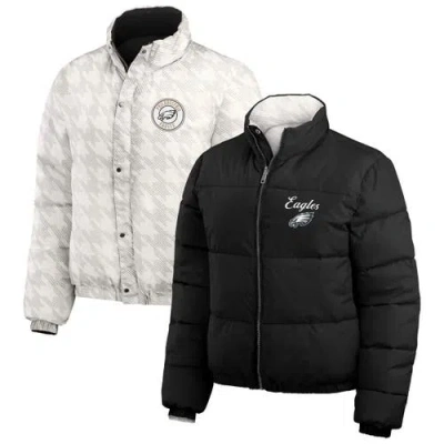 Wear By Erin Andrews Black/cream Philadelphia Eagles Reversible Cropped Full-zip Puffer Jacket