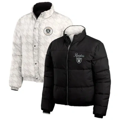 Wear By Erin Andrews Women's Black/white Las Vegas Raiders Reversible Cropped Full-zip Puffer Jacket In Black,white