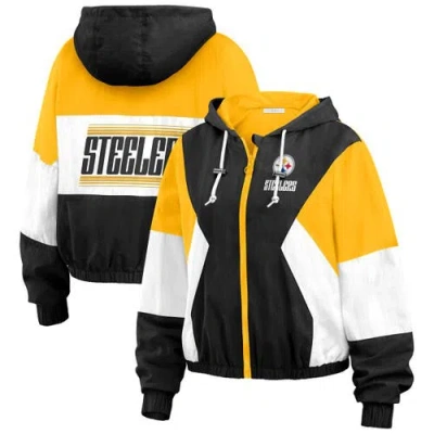 Wear By Erin Andrews Women's Black Pittsburgh Steelers Color Block Full-zip Windbreaker Jacket In Black,yellow