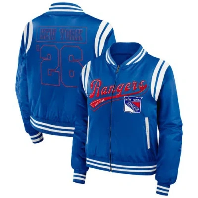 Wear By Erin Andrews Blue New York Rangers Baller Full-zip Bomber Jacket In Multi