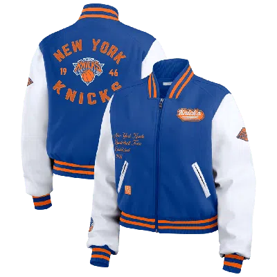 Wear By Erin Andrews Women's Blue/white New York Knicks Cropped Varsity Full-zip Jacket In Blue,white